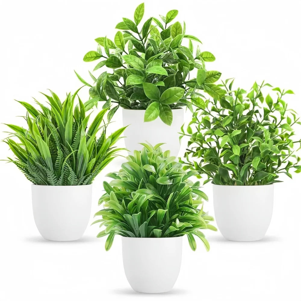 Mini Artificial Potted Plants 4-Pack Green Bonsai Indoor Outdoor Home Office Decor